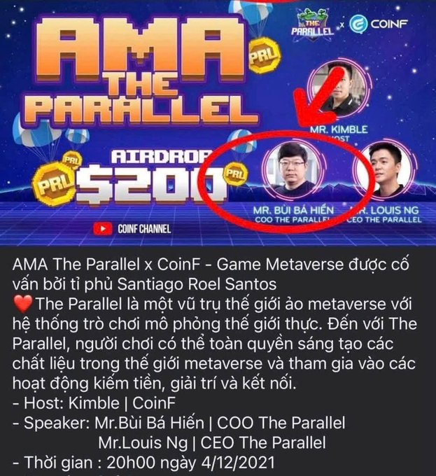 An advertisement for an 'AMA THE PARALLEL' event on CoinF Channel, featuring a host named Kimble and speakers Mr. Bùi Bá Hiển and Mr. Louis Ng.