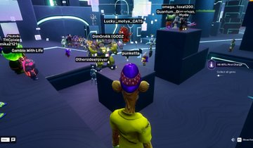 A screenshot of a Roblox game scene featuring an avatar with a gold trophy head in a futuristic blue environment with various player usernames visible above characters.
