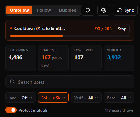 A dark-themed dashboard interface showing follower statistics, including 4,486 following, 167 inactive, 107 low flwrs, and 3,932 verified.