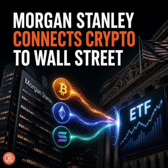 The image features a cityscape with tall buildings, including one that has "Morgan Stanley" written on its side. Below this building, there are three different cryptocurrencies represented by colorful icons - Bitcoin, Ethereum, and Solana. The text above the image reads "Morgan Stanley Connects Crypto to Wall Street", indicating the connection between Morgan Stanley and the crypto market.