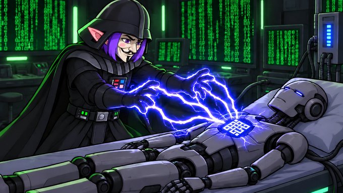 An anime-style illustration of a cloaked figure with purple hair using blue lightning powers on a robotic patient in a Matrix-like green code environment.