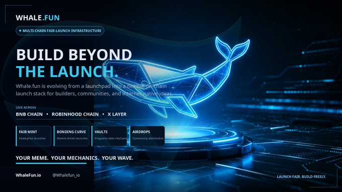 A promotional banner for Whale.fun, a multi-chain fair launch infrastructure platform featuring a glowing blue whale graphic, advertising live availability on BNB Chain, Robinhood Chain, and X Layer with features including Fair Mint, Bonding Curve, Vaults, and Airdrops.