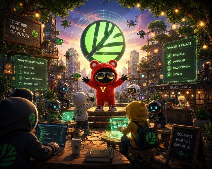 A vibrant AI-generated community scene featuring a red bear character with glasses surrounded by other mascot figures, with signs reading 'TOGETHER WE BUILD THE FUTURE', 'COMMUNITY PILLARS' (Belonging, Ownership, Collaboration, Growth), and 'YOUR VOICE YOUR ROLE OUR FUTURE'.
