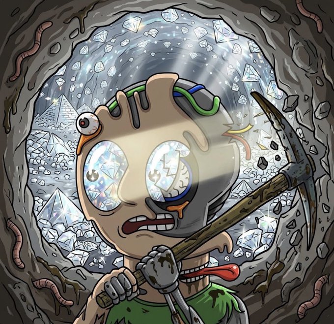A cartoon ant-miner stands dazed in a diamond-filled cave, eyes replaced by glittering gems and tongue lolling out while gripping a pickaxe. The "AntHood" theme plays on the meme's obsession with shiny treasure, visually mirroring the post's push for whitelist spots on Robinhood Crypto.
