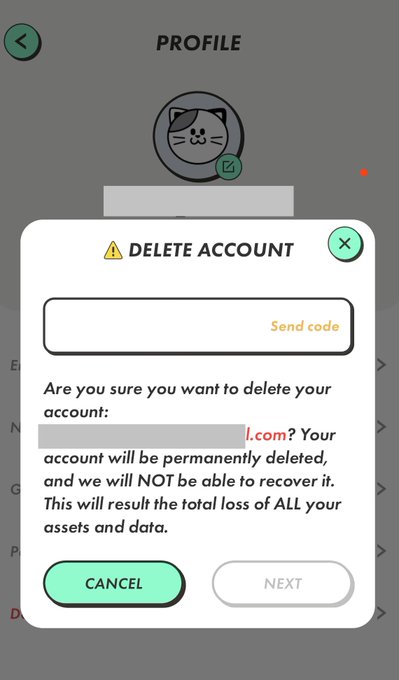The image shows a screenshot of an app interface with a message box that reads "Delicate Account" followed by a list of options, including deleting the account or sending code. The text also mentions that the user should be certain they want to delete their account.