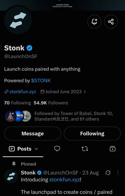 A profile page on X (Twitter) for the verified account 'Stonk' (@LaunchOnSF), powered by $STONK, showing 54.9K followers and pinned posts about launch coins.