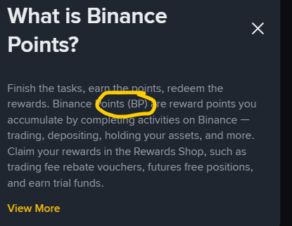 A Binance help popup explaining 'What is Binance Points?' with 'BP' circled in orange.