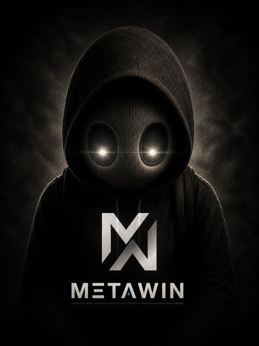 A mysterious hooded figure with glowing white eyes looms against a dark, smoky background, with the metallic "MetaWin" logo and wordmark prominently displayed beneath. The image ties into the post's promotional announcement, using MetaWin's dramatic branding to hype a $300 giveaway while rallying the $ANSEM community.