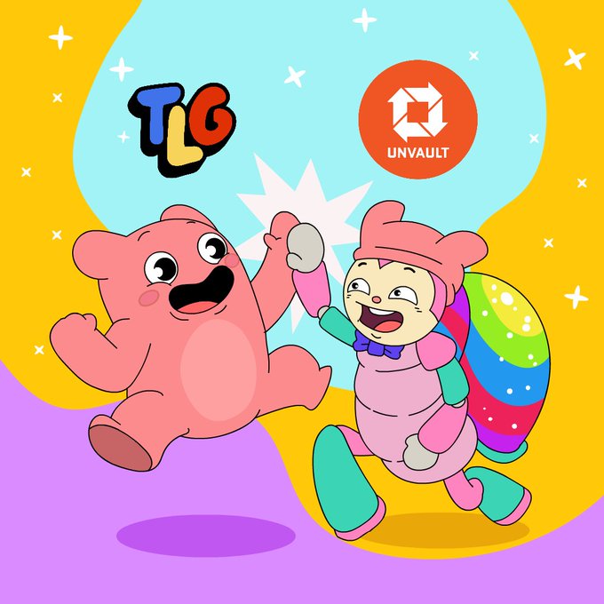 Illustration of a pink bear and a rainbow-shelled character holding hands, with "TLG" and "UNVAULT" logos above them.