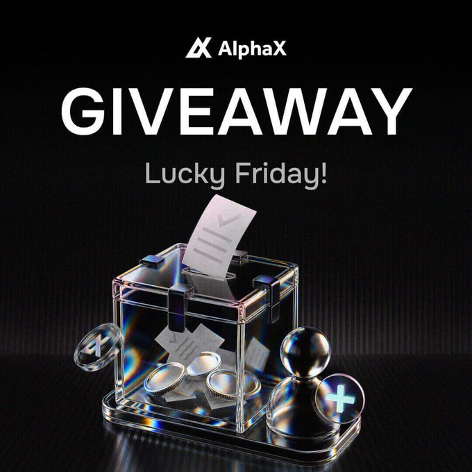 The image is a promotional graphic for AlphaX's "Lucky Friday" giveaway, featuring a transparent box containing a "WIN" ballot, coins, and a chess pawn against a dark background. The "AlphaX" logo and "GIVEAWAY" text align with the post announcing a $300 USDT prize for guessing a token, reinforcing the contest's lucky, reward-themed visual.