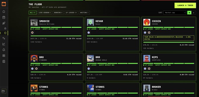 A webpage for 'THE FLOOR' showing various memecoin projects including SMOOVIE, KEVAR, COCKIN, BRO, BRR (NIGHT WHALE), NIPS (NIPPLES), STONKS, and BROKER, each with LP LOCKED badges, market caps, ETH raised, and holder counts.