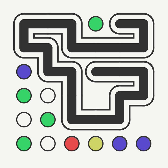 A digital maze puzzle featuring a black winding path with colored circles (green, blue, red, yellow, and white) arranged along the left and bottom edges.