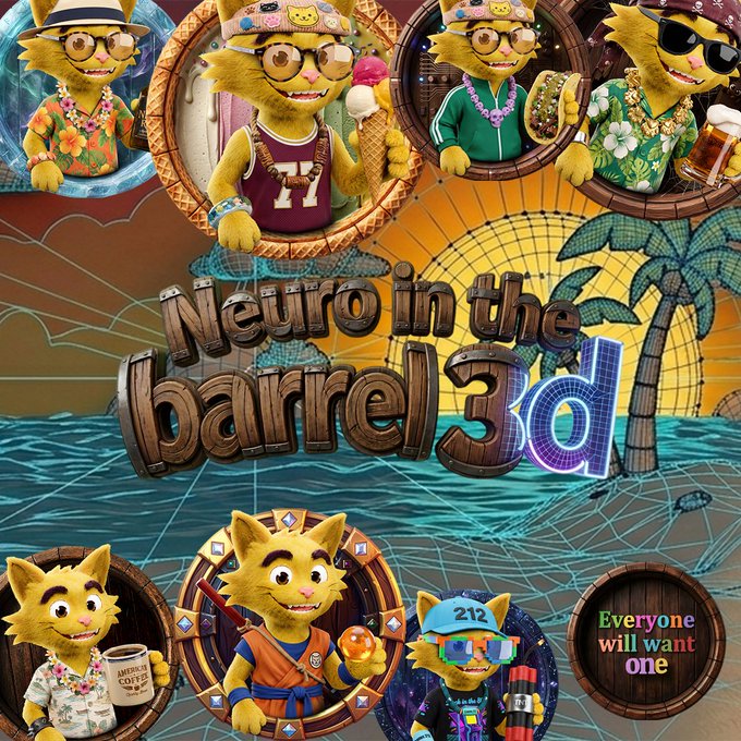 Promotional artwork for 'Neuro in the barrel 3d' featuring several 3D cartoon cat characters in various tropical and summer attire (hawaiian shirts, sunglasses, hats) framed in wooden barrels against a sunset beach background.