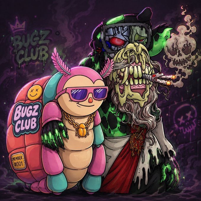 A stylized cartoon illustration features a pink and teal character with sunglasses labeled "BUGZ CLUB MEMBER #001" standing next to a monstrous green zombie-like creature smoking a cigar, with "BUGZ CLUB" graffiti in the background.
