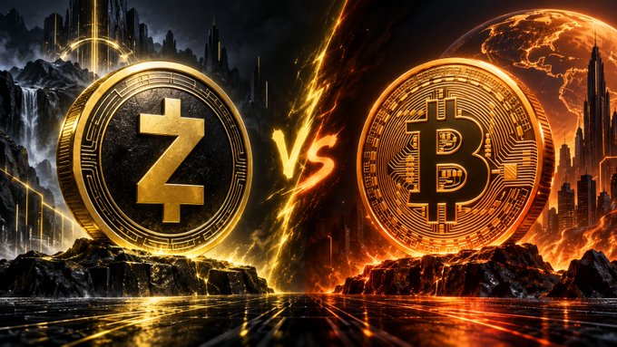 A stylized 'VS' comparison image showing a golden Zcash (Z) coin on the left against a golden Bitcoin (B) coin on the right, set in fiery and dramatic dark landscapes.