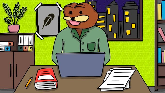 An anthropomorphic bear in green pajamas sits at a desk with a laptop, books, and papers in front of a nighttime cityscape, with a sketched photo taped to the wall—evoking the "bear in pajamas" meme format used to humorously frame a meme trader keeping watch over the $SPURDO token launch on Robinhood Chain.