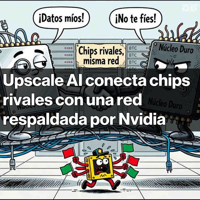 A Spanish-language meme-style graphic about Upscale AI's network connecting rival chips, with cartoon chips saying '¡Datos míos!' and '¡No te fíes!' and text reading 'Upscale AI conecta chips rivales con una red respaldada por Nvidia'.