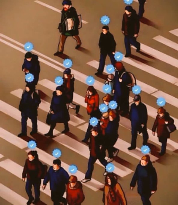 An illustrated crosswalk scene shows numerous pedestrians with blue verification checkmarks hovering above their heads, visually representing the concept of being "verified." The image reinforces the post's message about verification and growth, suggesting that gaining verification status—like the crowd's collective blue checkmarks—is a widespread, inevitable trend.