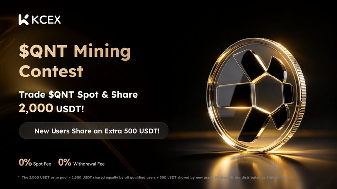 KCEX promotional banner for a '$QNT Mining Contest' offering to 'Trade $QNT Spot & Share 2,000 USDT!' with a 'New Users Share an Extra 500 USDT!' note and a golden $QNT coin image.