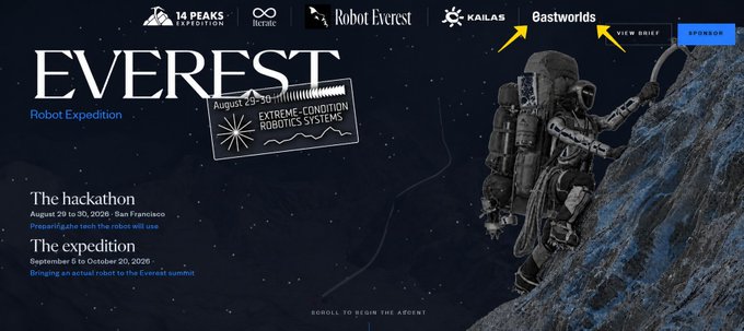 A promotional banner for the 'EVEREST Robot Expedition' hackathon (August 29 to 30, 2026 in San Francisco) and expedition (September 6 to October 20, 2026), featuring logos of sponsors including 14 Peaks Expedition, Nibiru, Robot Everest, KAILAS, and Eastworlds, with yellow arrows pointing to KAILAS and Eastworlds.