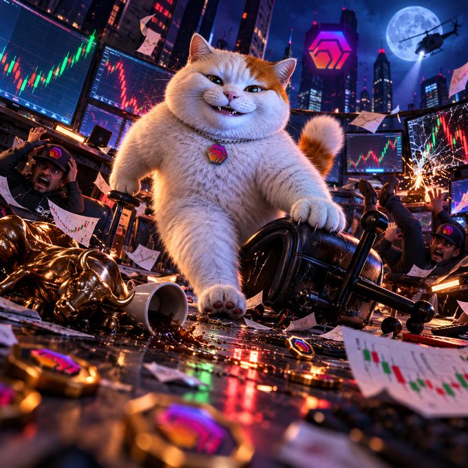 A digital illustration depicts a giant smiling cat with a cryptocurrency logo necklace standing on a crushed office chair, while panicked traders in a dark room look at screens displaying crashing charts.