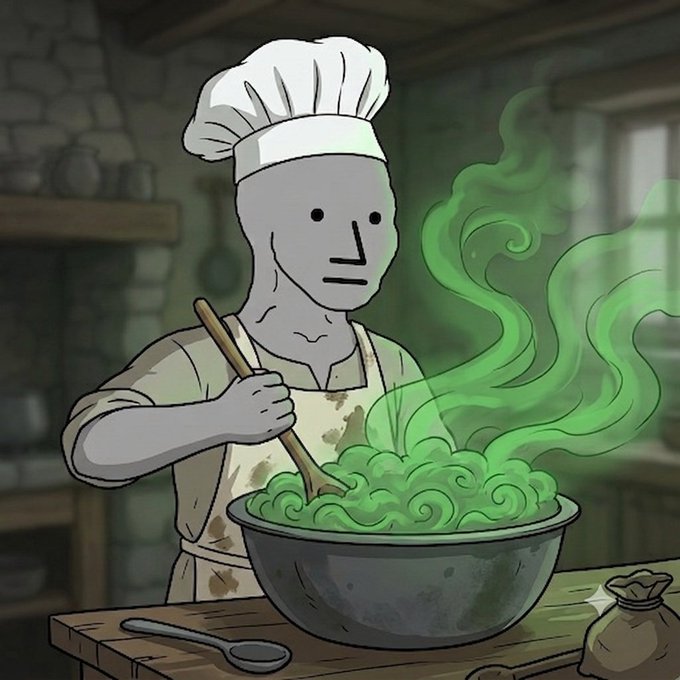 A digital illustration of a stone-like chef stirring a large bowl filled with swirling green smoke in a rustic kitchen setting.