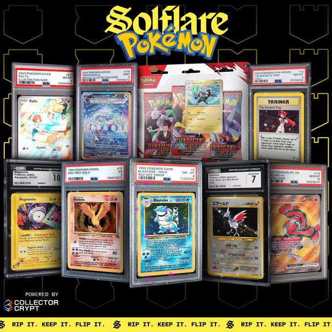 A promotional graphic titled 'Solflare Pokemon' showing various graded and sealed Pokemon trading cards including Rafts, Magmite, Moltres, Blastoise, Skarmory, and Gyarados, powered by Collector Crypt with the tagline 'RIP IT. KEEP IT. FLIP IT.'