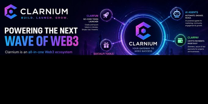 The image features a banner for Clarium that highlights its capabilities by showcasing a 3-click reality of token launches. The text on the banner emphasizes the simplicity of launching tokens with just a few clicks, as well as the automation of listing, liquidity management, and initial trading using the ClarFun platform. The background of the banner is dark blue, which contrasts with the purple and pink elements that represent the power of the next wave of web.