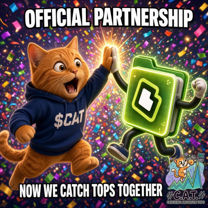 A promotional graphic announcing an 'OFFICIAL PARTNERSHIP' between a cartoon cat wearing a '$CAT' hoodie and a green folder character, with text 'NOW WE CATCH TOPS TOGETHER' and 'C.A.T. CATCHING ABSOLUTE TOPS'.