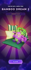 A mobile game reward screen for 'BAMBOO DREAM 3' shows a purple hippo relaxing on a green lounger with a purple 'CLAIM' button below.