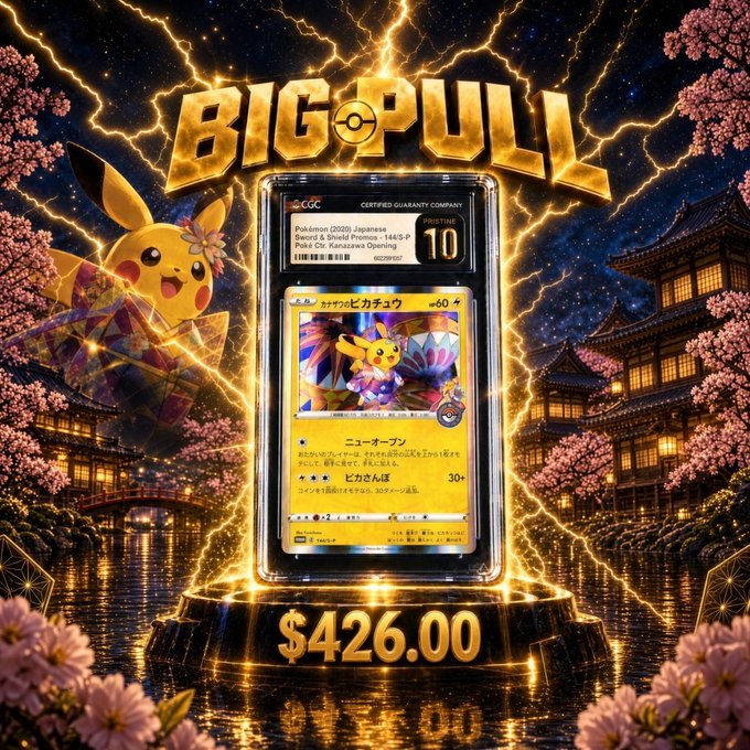 A promotional graphic for a "BIG PULL" featuring a CGC Pristine 10 graded Japanese Pikachu card (Kanazawa's Pikachu) valued at $426.00, pulled from a $100 Electric Pokémon Pack on Rarible, set against a vibrant backdrop of cherry blossoms, lightning, and traditional Japanese architecture.