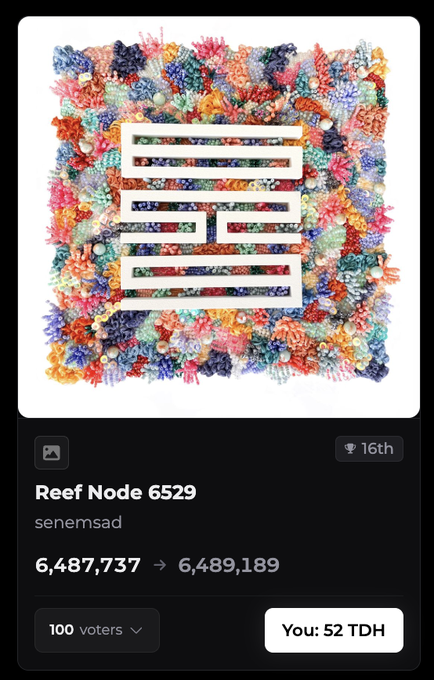 A mobile app screen showing NFT 'Reef Node 6529' by senemsad with a colorful coral reef background, priced between 6,487,737 and 6,489,189, with 100 voters and a current bid of 52 TDH.