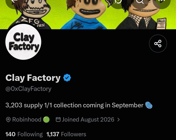 A Twitter profile for "Clay Factory" (@0xClayFactory) with a verified checkmark, displaying banner art of cartoon characters and noting a "3,203 supply 1/1 collection coming in September."