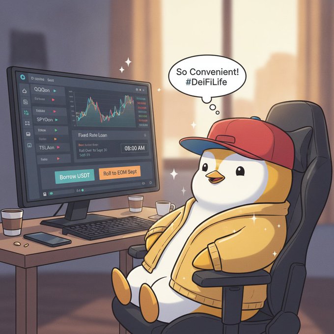Cartoon illustration of a chubby penguin-like character wearing a red cap and yellow jacket sitting at a desk with a computer showing trading/crypto charts, with a speech bubble reading 'So Convenient! #DeFiLife'.