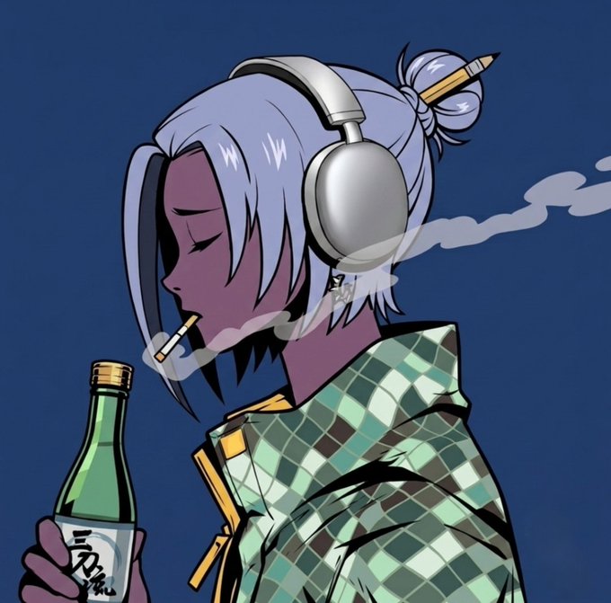 An anime-style character with white hair, headphones, and a pencil bun is shown in profile smoking a cigarette and holding a green bottle with Japanese text "二万" (ni-man/20,000) on the label. The image's casual, chill vibe pairs well with the post's laid-back "Gm to absolute everyone" greeting as the creator kicks off their testing of @CNPYNetwork's on-chain building tools.