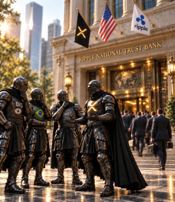 Knights bearing "BIS," "SWIFT," and "XRP" insignias stand outside the "Ripple National Trust Bank," flanked by flags including the XRP logo and the American flag, as suited figures enter the building. The image visually reinforces the post's sentiment of XRP holders watching traditional finance systems converge with Ripple's ecosystem, suggesting the awaited institutional breakthrough is near.