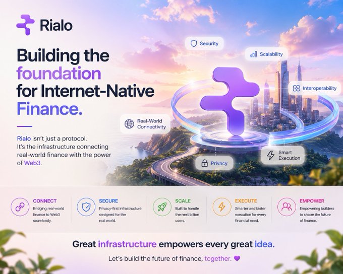 A promotional graphic for 'Rialo' with the tagline 'Building the foundation for Internet-Native Finance,' describing features like Security, Scalability, Privacy, and Smart Execution, with the bottom text 'Great infrastructure empowers every great idea. Let's build the future of finance, together.'