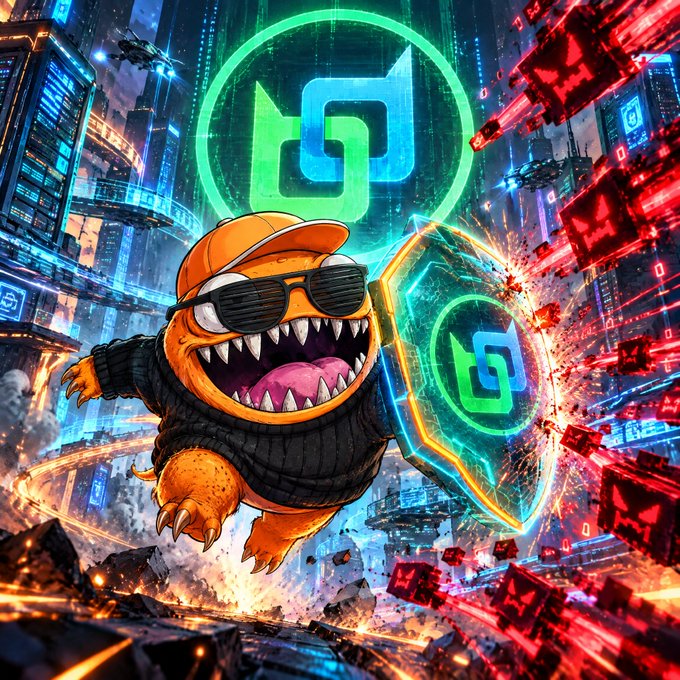 A vibrant, cartoon-style orange monster character wearing sunglasses and a cap charges forward with claws extended in a futuristic neon city, holding a glowing shield emblazoned with the Beldex logo while a larger Beldex logo hovers above.