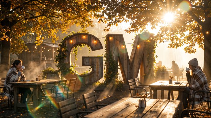 An outdoor cafe scene featuring large wooden letters 'GM' adorned with vines, where two people sit at wooden tables drinking coffee under trees with autumn foliage and warm sunlight.