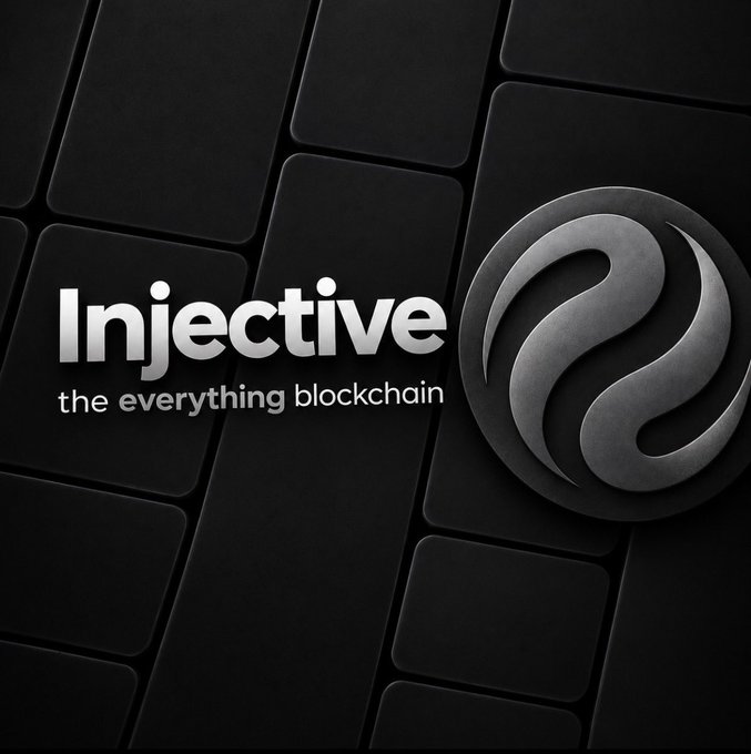 A dark, metallic graphic shows the 'Injective' logo with the tagline 'the everything blockchain' next to a stylized circular swirl symbol on a background of dark textured tiles.