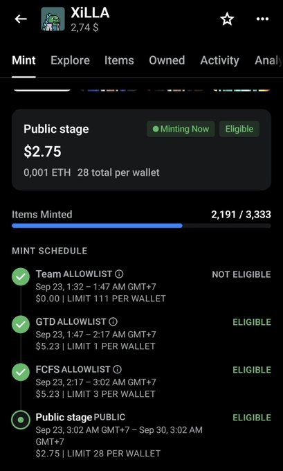 A screenshot of an NFT minting interface for a project called 'XILLA' priced at 2.74$, showing a 'Public stage' currently 'Minting Now' at $2.75 with a schedule including 'Team ALLOWLIST', 'GTD ALLOWLIST', and 'FCFS ALLOWLIST'.