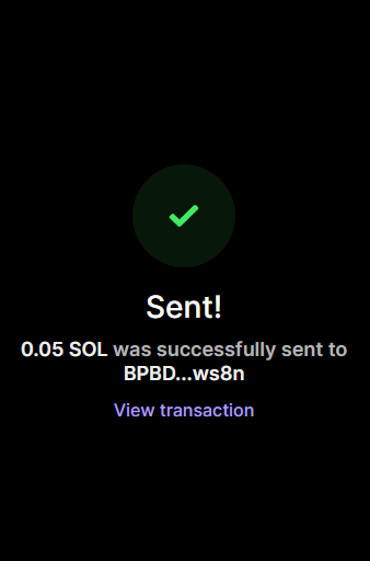 A mobile screen showing a successful transaction confirmation that "0.05 SOL was successfully sent to BPBD...ws8n," with a "View transaction" link, illustrating the prize payout to a contest winner from the post announcing multiple winners.
