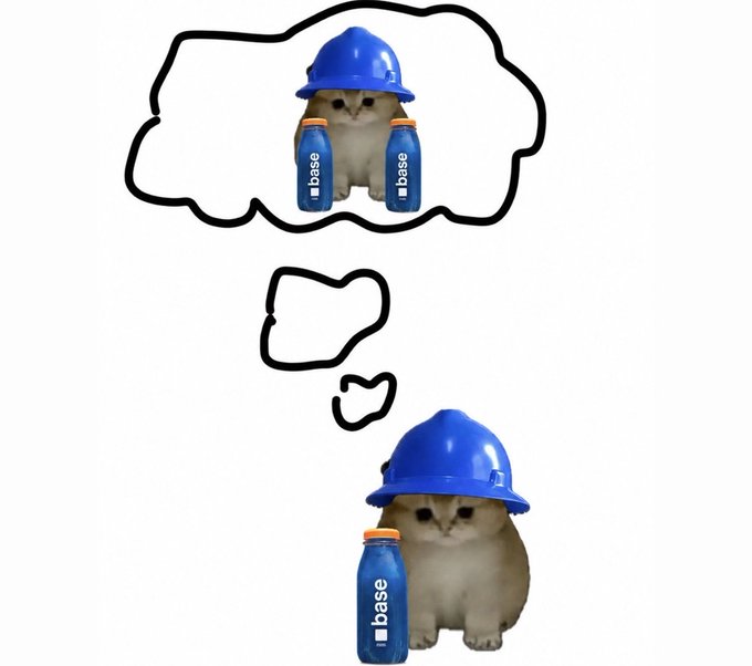A smug-looking kitten wearing a blue construction helmet sits beside a blue bottle labeled "base," daydreaming in a thought bubble about itself holding two "base" bottles. The image cleverly ties to the "smash or pass @cobie" post by visualizing "base" as a product the cat is hyping up—imagining itself in a bigger, double-bottle form like an aspiring crypto influencer.
