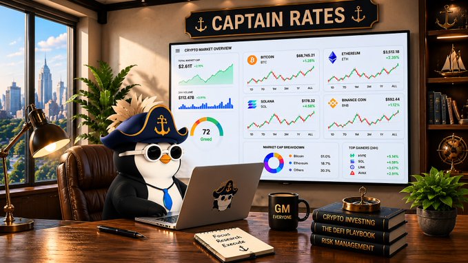 An illustrated scene titled 'CAPTAIN RATES' featuring a penguin in a pirate hat at a laptop, surrounded by a 'CRYPTO MARKET OVERVIEW' dashboard showing Bitcoin (BTC) at $68,745.21, Ethereum (ETH) at $3,512.18, Solana (SOL), and Binance Coin (BNB), with books labeled 'CRYPTO INVESTING' and 'RISK MANAGEMENT'.
