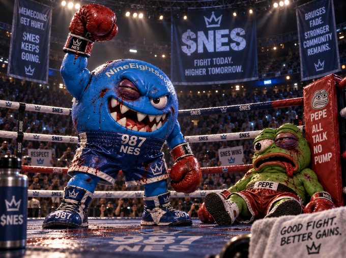 A satirical boxing scene showing a blue monster character wearing red gloves standing victorious over a defeated green Pepe frog character in a ring, with banners reading '$NES FIGHT TODAY. HIGHER TOMORROW.', 'SNES KEEPS GOING', and 'BRUISES FADE. STRONGER COMMUNITY REMAINS.'