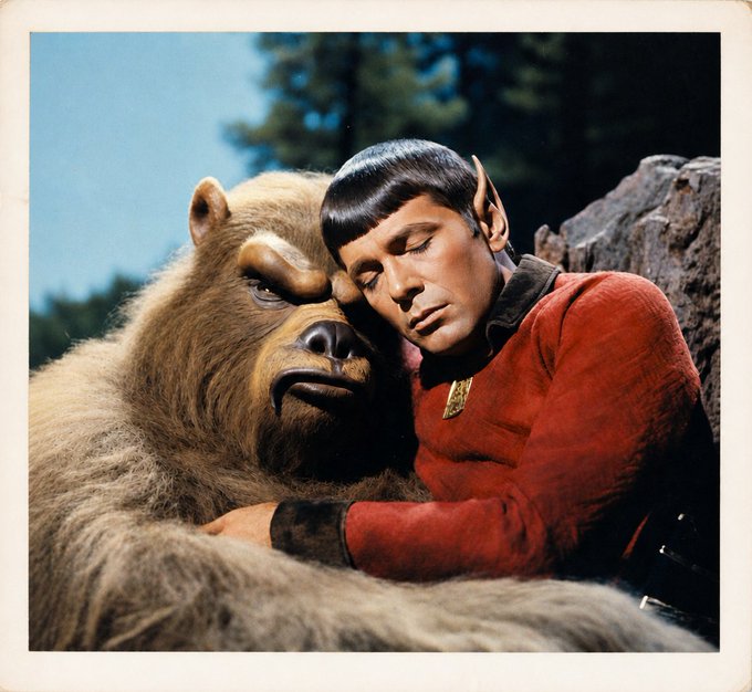 A vintage photograph shows Spock from Star Trek, wearing his red uniform, leaning his head affectionately against a large, furry creature outdoors.