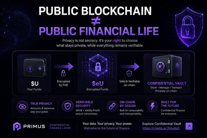 An infographic titled 'PUBLIC BLOCKCHAIN ≠ PUBLIC FINANCIAL LIFE' from PRIMUS illustrates the transition from 'Your Funds' to 'Encrypted Funds' to 'Confidential Vault' using FHE technology.