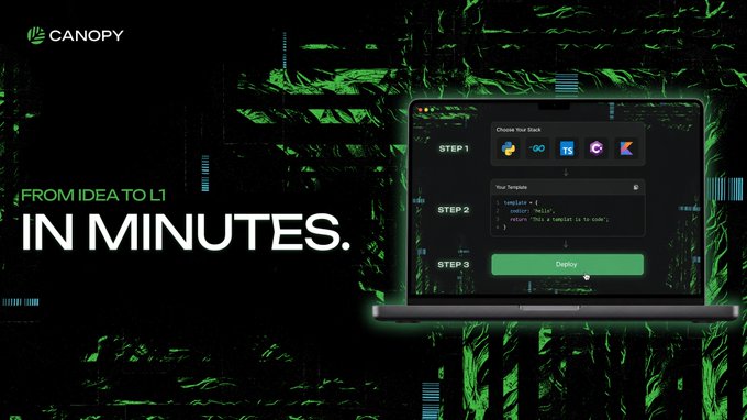Canopy promotional banner reading 'FROM IDEA TO L1 IN MINUTES' showing a laptop interface with a 3-step deployment process for blockchain stacks.