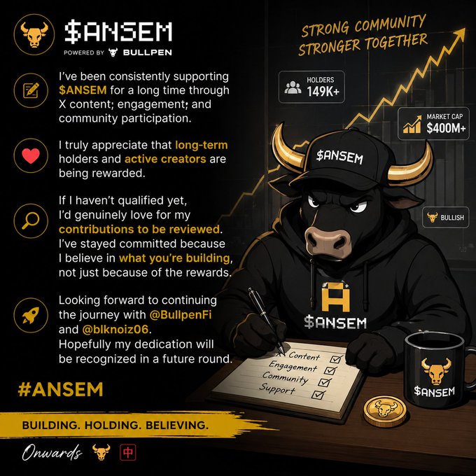 A crypto promotional post for '$ANSEM powered by Bullpen' featuring a bull mascot in a hoodie, highlighting 149K+ holders, $400M+ market cap, and a message about community appreciation.