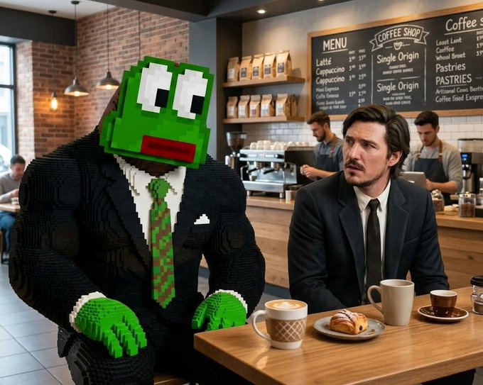 A man with a pixelated green frog head wearing a black suit and green tie sits at a coffee shop table next to a man in a suit, with menus visible in the background.